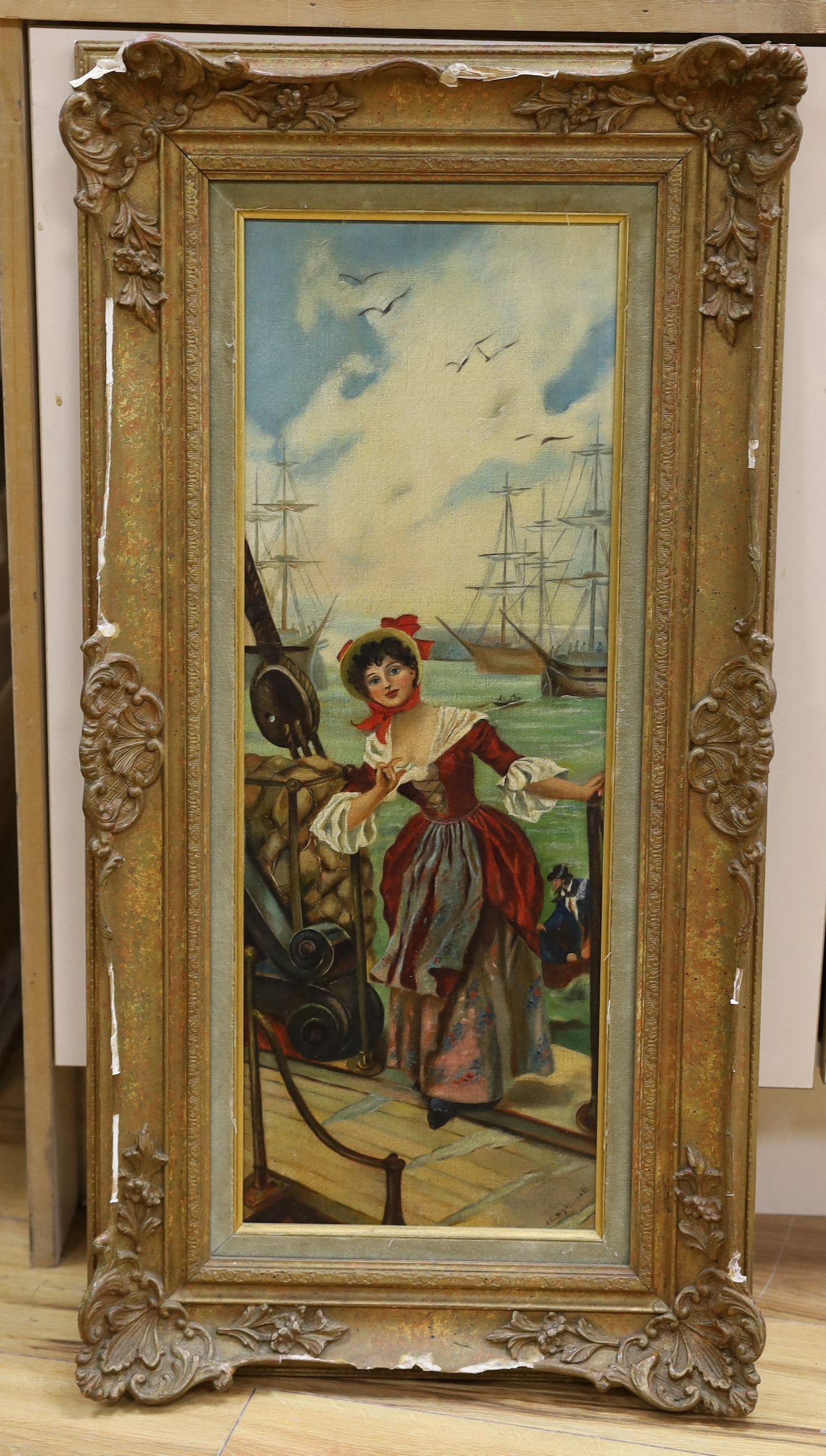 E.E. Nightingall circa 1930, oil on canvas, Woman boarding a sailing ship, signed, 61 x 22cm
